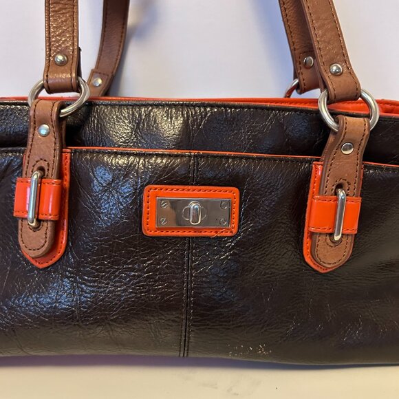 - La Diva Patent  Leather Orange Brown Color Block Handbag, The East/West … - Picture 6 of 17